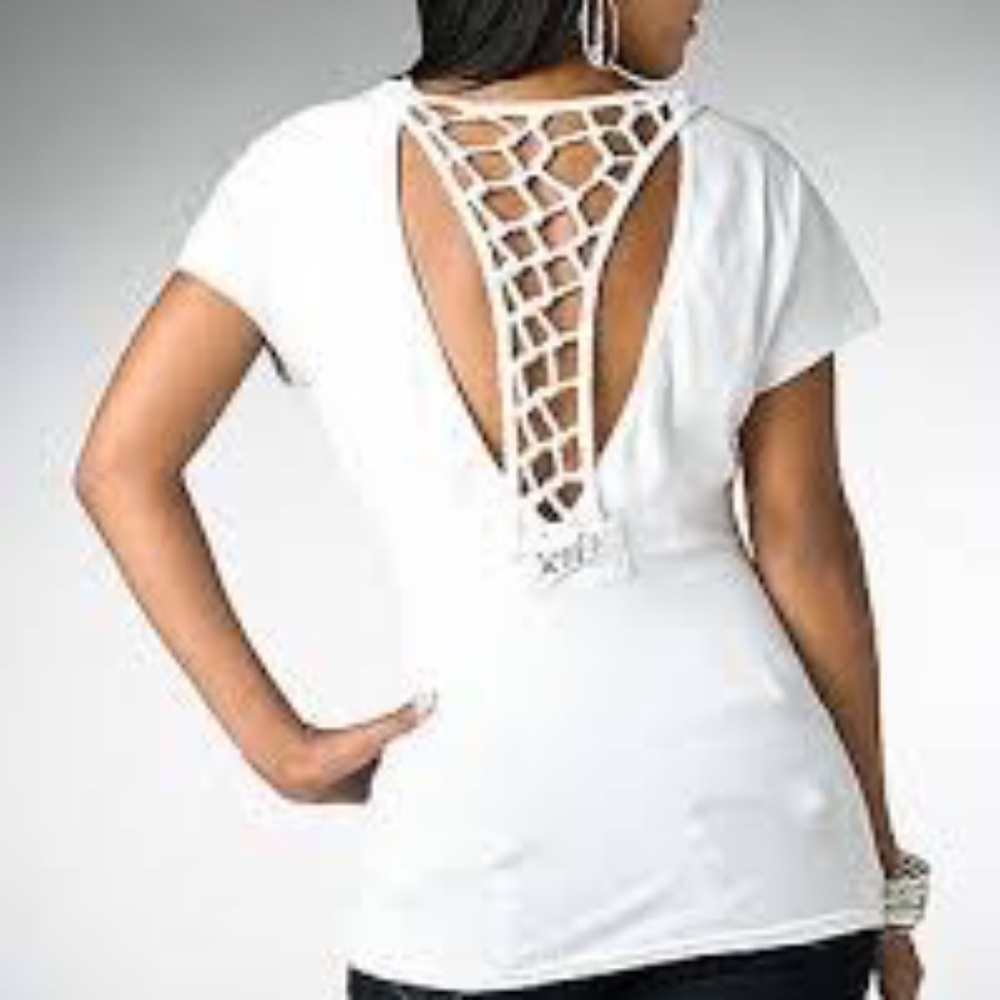 NEW Y2K Open Roped Back Shirt White Dereon Fleur Beyonce Tee Top Shirt M